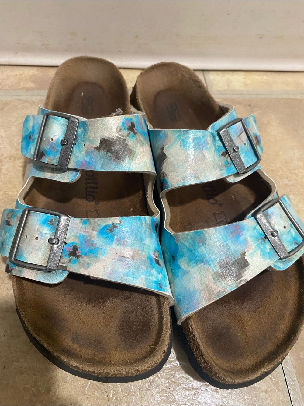 Double-Buckle Slide Sandals in Aqua Floral Print